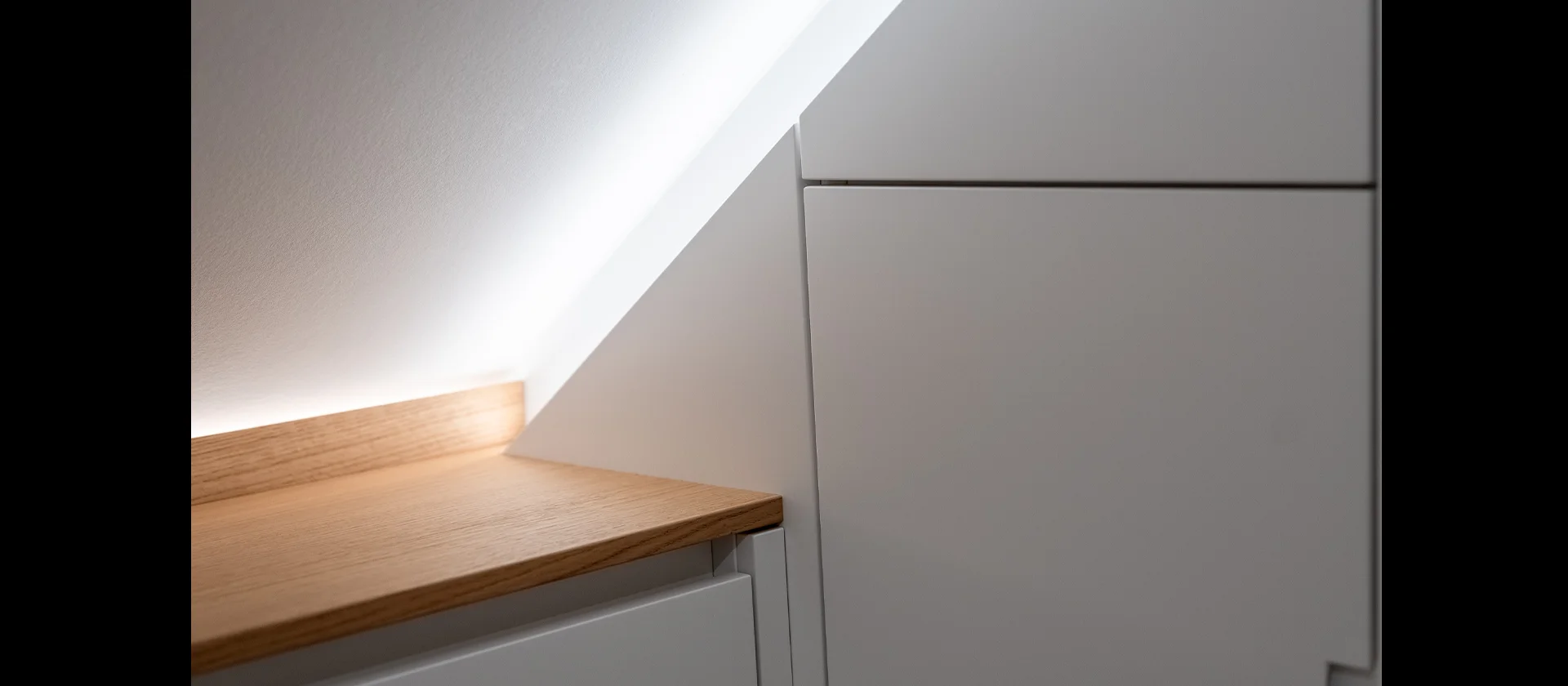Detailansicht einer Einbaulösung unter Dachschräge mit Holzablage und LED-Lichtleiste